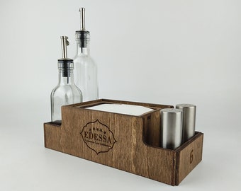 Custom Wooden Napkin Dispenser Organizer with Logo, Rustic Salt Pepper Sugar Condiment Souce Storage, Bbq Caddy, Farmhouse Caddy, 10518