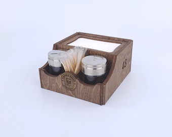 Custom Wooden Napkin Dispenser Organizer with Logo, Rustic Salt Pepper Sugar Condiment Souce Storage, Bbq Caddy, Farmhouse Caddy, 10717