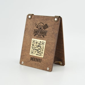 Znak menu z kodem QR, menu restauracji, menu drewnianego stołu, skanowanie menu, znak z kodem QR, 10861