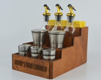 Personalized Wooden Spice Rack with Oil Bottles – 10-Piece Birch Kitchen Organizer with Napkin Holder – BBQ Caddy 10982