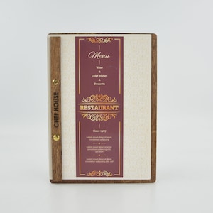 Porte-menu en bois A5-A4, porte-menu gravé, chemise de menu de restaurant, couverture de menu de café, planche de menu, livre de menus, couverture de menu personnalisée, 10828
