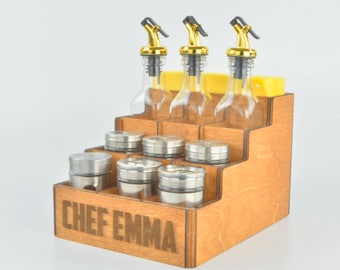 Personalized Wooden Spice Rack Organizer - 10 Pc Oil - Spice Jar Set with Napkin Holder | Kitchen Gift for Dad, Chef - BBQ Lovers