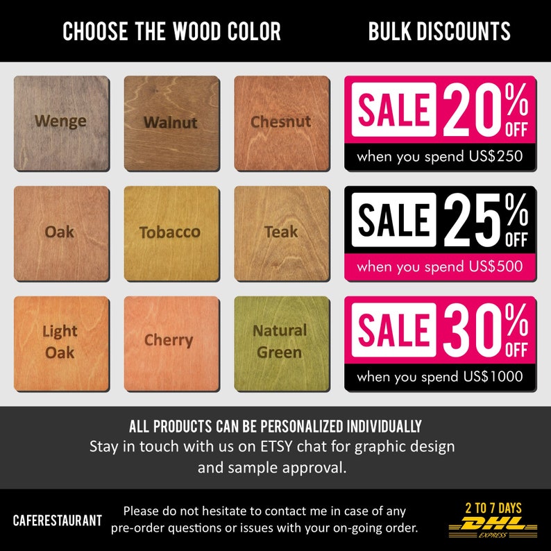 May include: A chart showing nine different wood colors for a personalized product. The wood colors are Wenge, Walnut, Chesnut, Oak, Tobacco, Teak, Light Oak, Cherry, and Natural Green. The chart also shows bulk discounts for orders over $250, $500, and $1000.