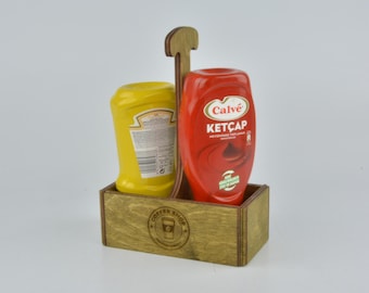 Rustic Wood Condiment Caddy with Logo, Salt Pepper Sugar Condiment Souce Coffee Station, Decorative Box, Farmhouse Caddy,  Bbq Caddy, 10878