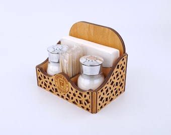 Custom Wooden Napkin Holder Organizer with Logo, Coffee Rustic Salt Pepper Sugar Condiment Souce Storage, Bbq Caddy, Farmhouse Caddy, 10710