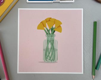 Green Glass & Daffodils - Procreate Illustration | Square Unframed Giclée Print | 8x8" or 12x12"