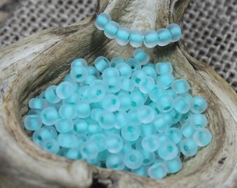 6/0 Matte Frosted clear Turquoise lined Czech Seed Bead  (10g) (B0288), Size 6 turquoise seed bead, matte frosted clear turquoise lined