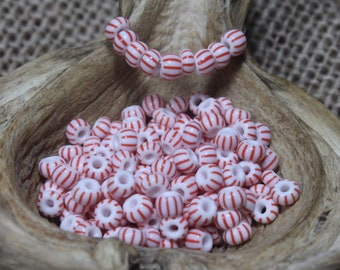 6/0 White with Multiple Red Stripes Preciosa Seed Bead (10g) (B0300), Striped seed beads, White Red Stripe beads, Red stripe bead, Red White