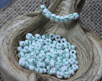 6/0 White with Green Stripes Preciosa Seed Bead (10g) (B0130), Striped beads, Size 6 seed bead, 6/0 Stripe bead, White Green Stripe beads