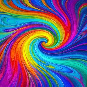 Puede incluir: Patrón abstracto de espiral en un arcoíris de colores, incluyendo rojo, naranja, amarillo, verde, azul, añil y violeta.
