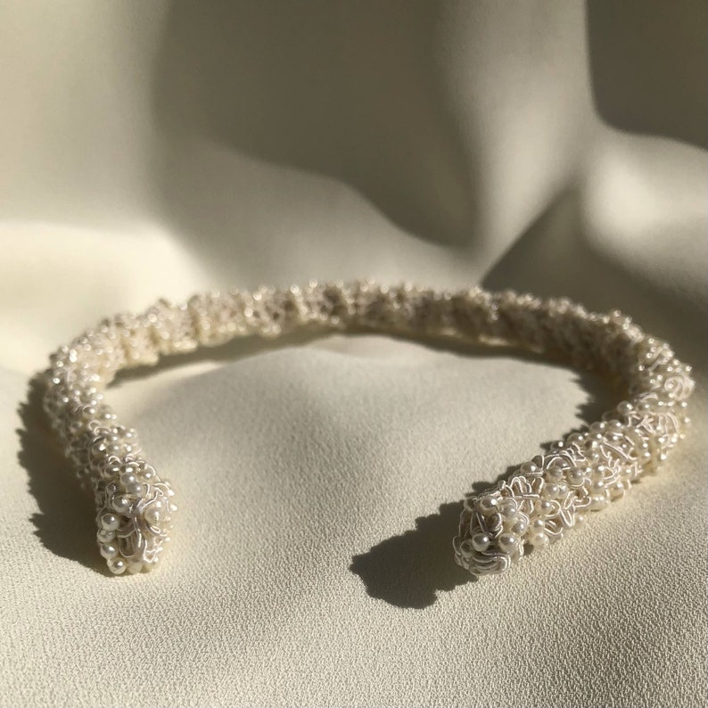 modern ivory Bridal satin and pearl headband image 6