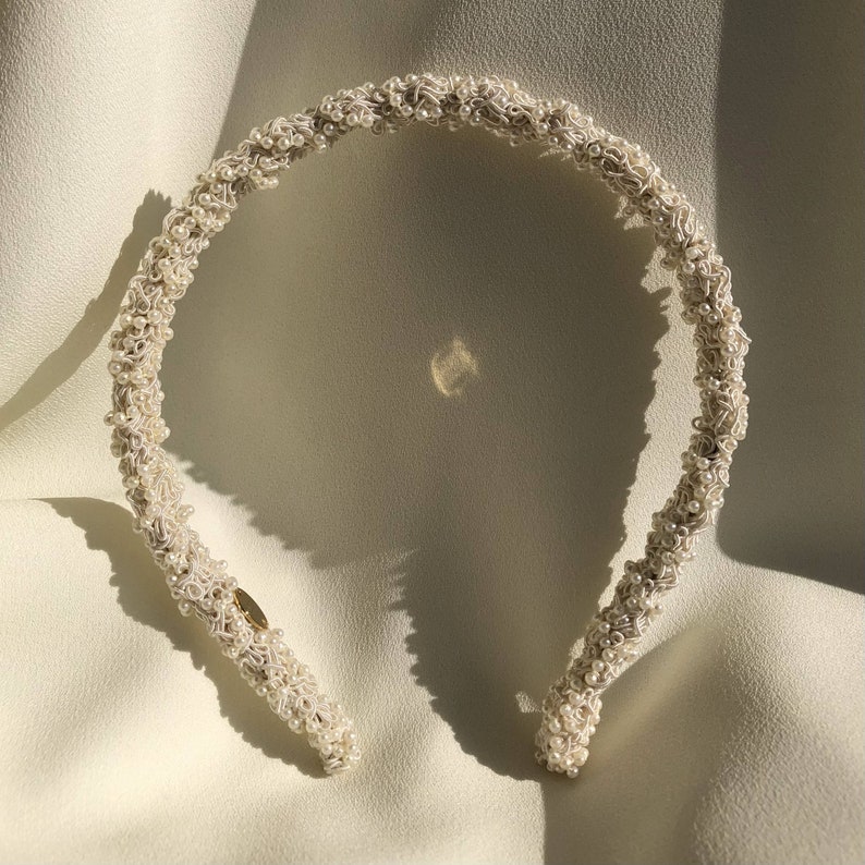 modern ivory Bridal satin and pearl headband image 2