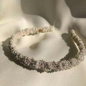 modern ivory Bridal satin and pearl headband image 3
