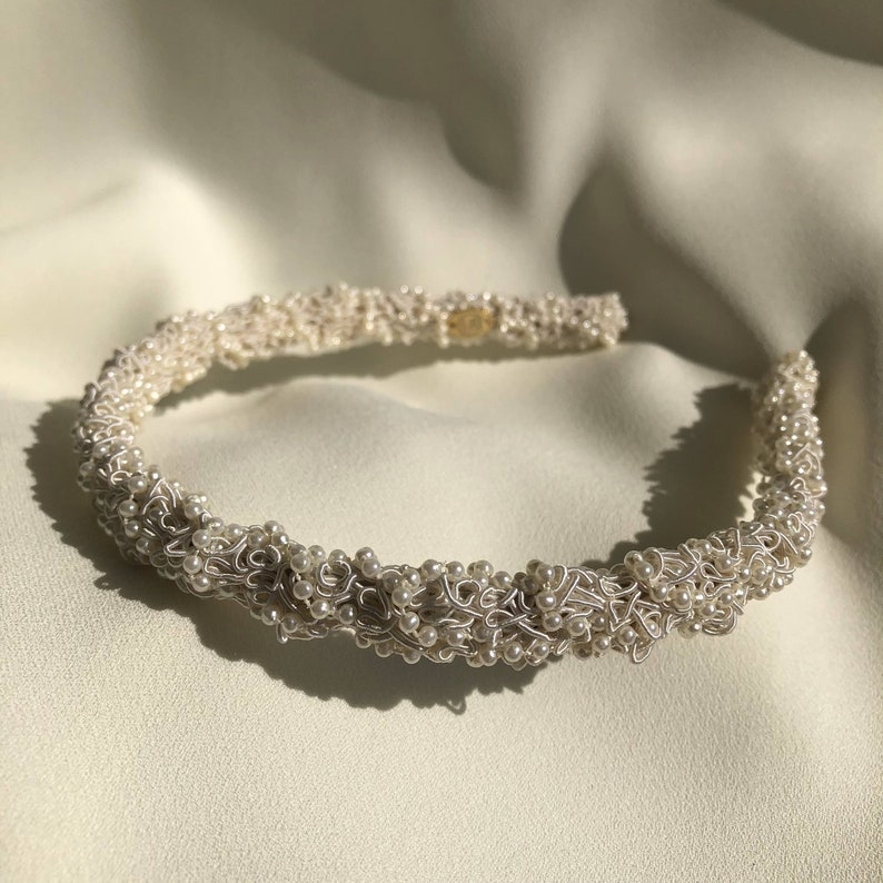 modern ivory Bridal satin and pearl headband image 5