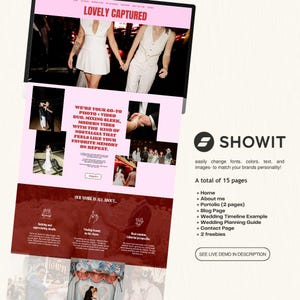 Könnte beinhalten: Ein Website-Template-Design mit dem Titel LOVELY CAPTURED in einem rosa und dunkelroten Farbschema. Das Layout enthält mehrere Fotobilder, Textblöcke und eine Liste von 15 Seiten, darunter Home, About me, Portfolio, Blog und das Showit-Logo.