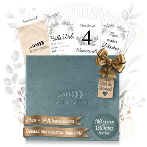 Babybuch aus Samt + 34 Meilensteinkarten, Babyalbum Erstes Jahr - Geschenk zur Geburt oder Baby Shower, Fotoalbum Baby zum Selbstgestalten
