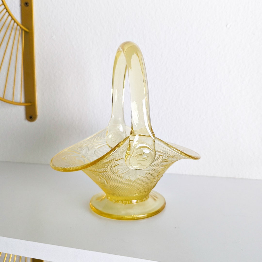 Vintage Yellow Glass Basket, Vintage Yellow Mist Tiara Sandwich Handled Glass Basket, Tiara