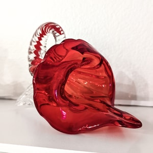 Vintage Art Glass Red Cornucopia, Vintage Red and Clear Murano Glass