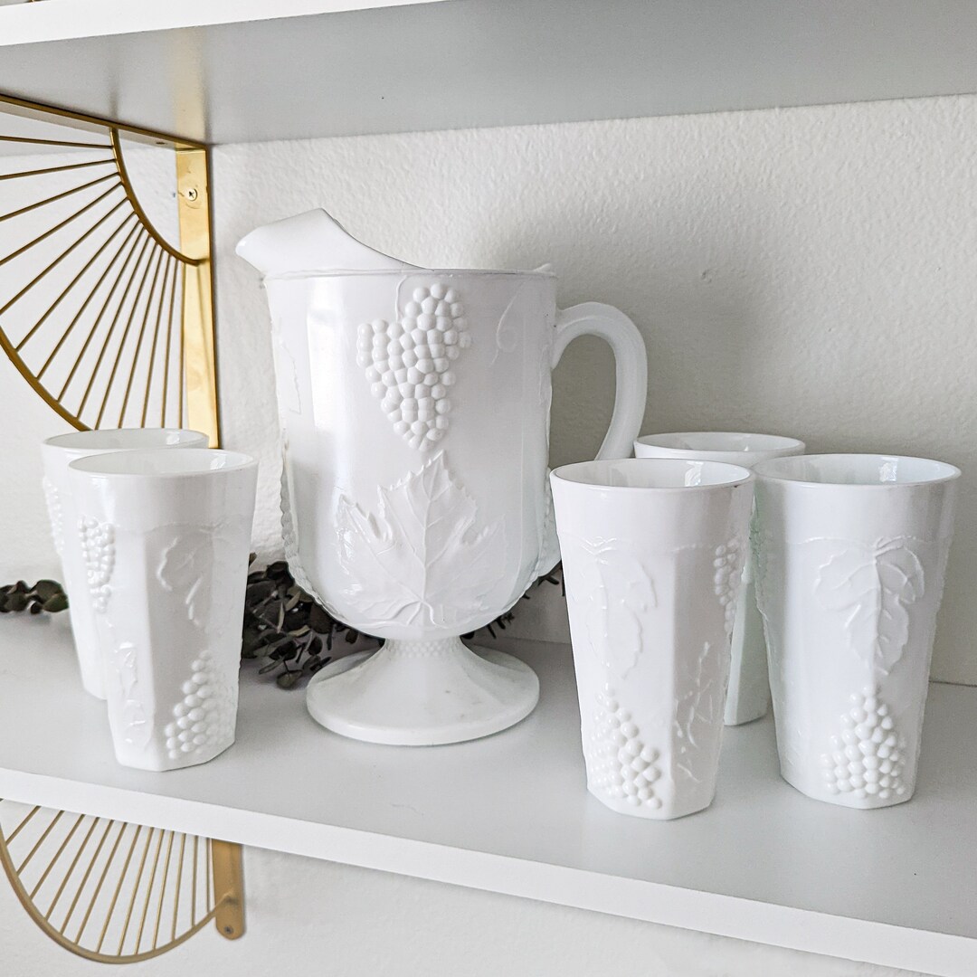 Vintage Milk Glass Pitcher and 5 Glasses Set Etsy