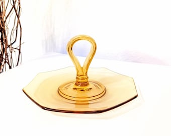 Vintage Octagon Amber Glass Handled Serving Tray, Vintage Yellow Tidbit Dish, Small Glass Amber Tidbit Tray