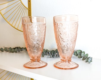Pair of 2 Pink Glass Footed Tumblers, Iced Tea Glasses, Pink Tiara Exclusives Sandwich Pattern Cups, Pink Vintage Glasses