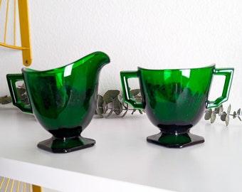 Vintage Green Depression Glass Sugar & Creamer Set, Dark Green Glass Fostoria Mayfair Sugar and Creamer Pair, Green Depression Glass