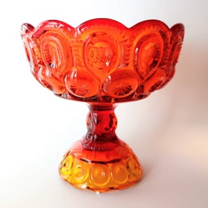 Vintage LE Smith Moon and Stars Amberina Footed Bowl, Red Orange Smith Glass Bowl, L E Smith Glass, Moon and Stars