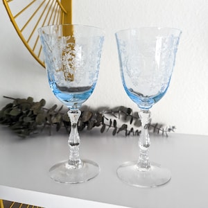 Pair of 2 Fostoria Navarre Blue Water Goblets, Blue Fostoria Stemware, Signed Fostoria Wine Glasses