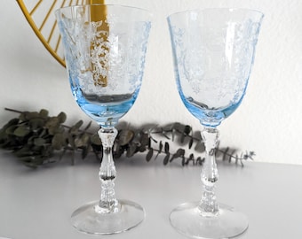 Pair of 2 Fostoria Navarre Blue Water Goblets, Blue Fostoria Stemware, Signed Fostoria Wine Glasses
