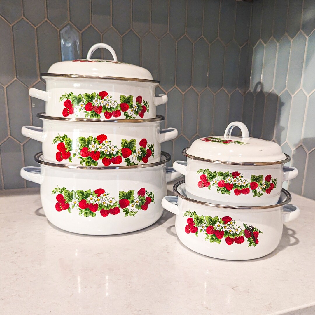 Set 4: Vintage 1980's Steel Enameled Cooking Pots w/lids Strawberry  Stackable!