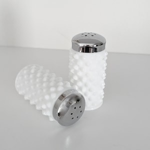 Vintage Fenton Hobnail Milk Glass Salt and Pepper Shakers with Metal Lids, Vintage Salt and Pepper Shakers