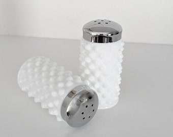 Vintage Fenton Hobnail Milk Glass Salt and Pepper Shakers with Metal Lids, Vintage Salt and Pepper Shakers