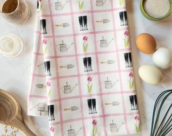 Spring Gardening Tea Towel | Kitchen Towel | Linen Cotton Canvas Tea Towel | Gardening Gift | Floral Tea Towel | Garden Girl