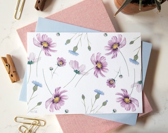 Pink & Blue Floral Note Card | Mother's Day Card | Floral Stationery | Cosmo and Bachelor's Button Card | Everyday Card | Gift for Gardener