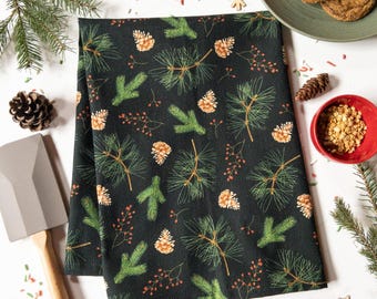 Green Winter Woodland Tea Towel | Christmas Tea Towel | Linen Cotton Canvas Tea Towel | Holiday Tea Towel | Dish Towel | Kitchen Towel