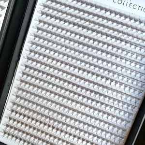 May include: A white board displaying a grid of pre-made eyelash fans in various lengths, ranging from 11mm to 15mm. The board is labelled "Premium Quality Pro-Made Fan Collection" and includes the website address "www.lindalash.com".