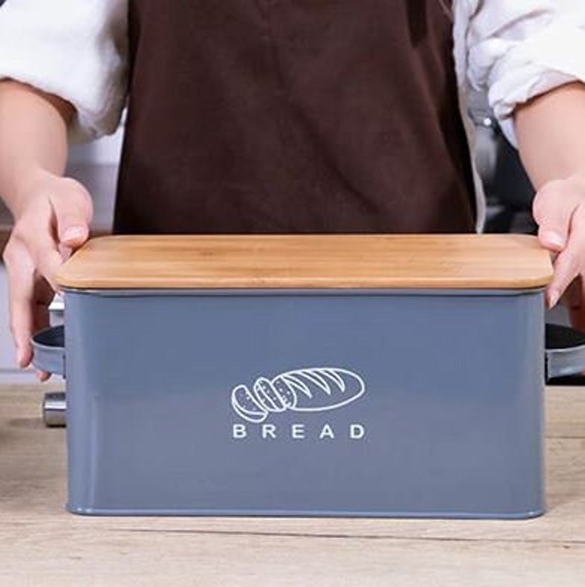 Storage Boxes Bread Bins With Bamboo Cutting Board Lid Metal Etsy