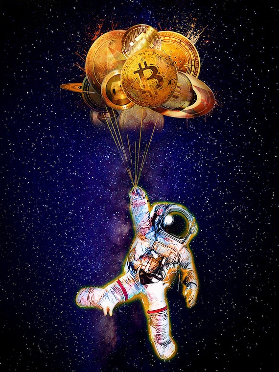 BITCOIN POSTER, CRYPTO Art, Btc Coin to the Moon Space Wall Art