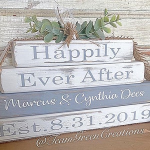 Happily ever after , family name stacked blocks , wedding, house warming , Christmas gift ,anniversary gift  established