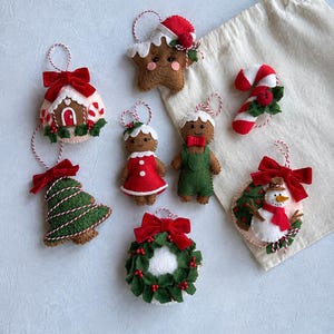 Handmade Felt Christmas Ornaments, Gingerbread, Candy Cane, Holiday Gift Set.