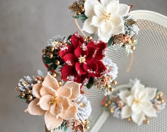 Felt Poinsettia Christmas Headband With Flowers, Berries and Winter Greenery