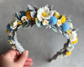 Felt flower, accessories with flowers, felt flower crown child, yellow-blue crowns, summer, spring wreaths, Ukrainian flag, flora headband