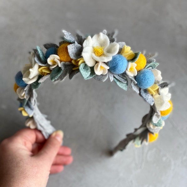 Felt flower, accessories with flowers, felt flower crown child, yellow-blue crowns, summer, spring wreaths, Ukrainian flag, flora headband