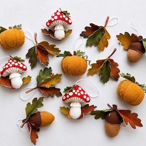 May include: A collection of felt ornaments featuring red and white spotted mushrooms, orange pumpkins, brown acorns, and multi-coloured oak leaves. Each piece includes a white string loop for hanging, showcasing detailed stitching and soft textures.