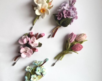 Felt flower, Felt floral Brooch, Spring Brooch, Lilac, Apple Blossom, Tulips, Daffodils, Forget-me-nots, Felt floral accessories, Floral.