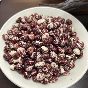 Peut inclure: Un bol en céramique blanc rempli d'une grande quantité de haricots tachetés. Les haricots sont principalement de couleur bordeaux foncé, avec des marques blanches et crème. Les haricots sont de formes et de tailles variées, et le bol est posé sur un fond sombre.