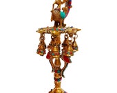Handmade Traditional Brass Peacock Design with Bells Brass Diya with Stone Work Brass Oil Lamp for home pooja décor item size 18 inch