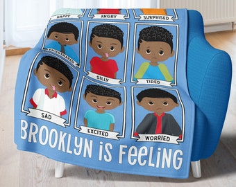 Feelings Chart Blanket. Personalized Emotions Chart Throw. Cozy Custom Color Velveteen, Minky or Sherpa Blanket for a Black Boy.