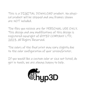 May include: White background with black text stating this is a digital download, no physical product is shipped. Copyright information for HYP3D COMPANY LTD, 2023 is included. The logo of a chameleon is at the bottom.