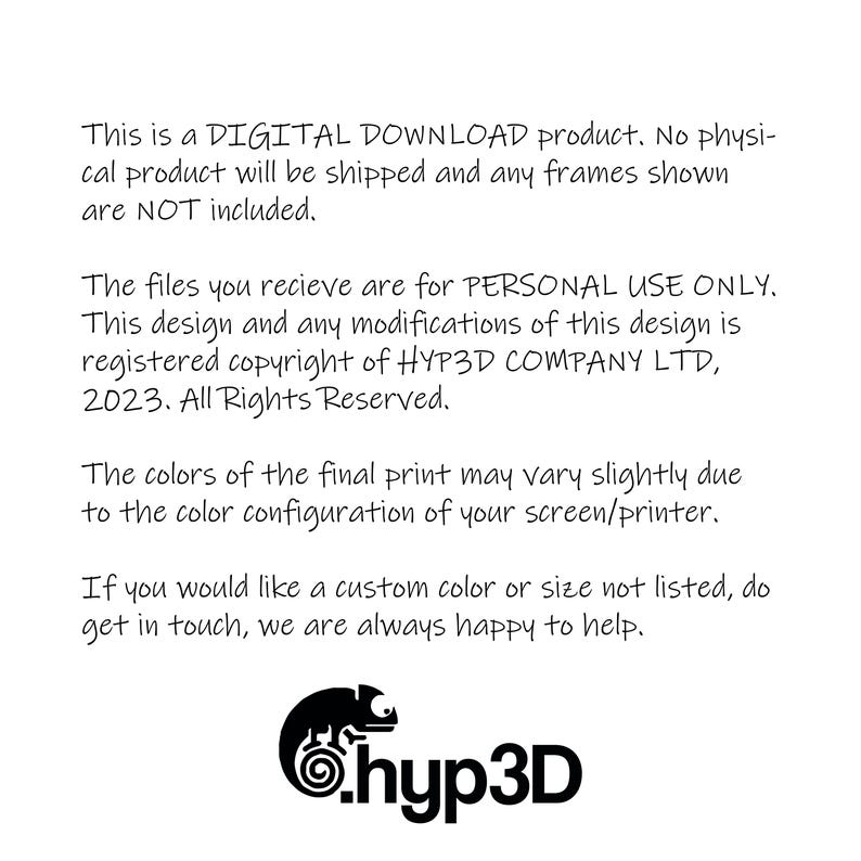May include: White background with black text stating this is a digital download, no physical product is shipped. Copyright information for HYP3D COMPANY LTD, 2023 is included. The logo of a chameleon is at the bottom.